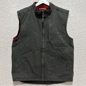 Walls Outdoor Duck Canvas Mens M Gray Vest w/ Red Buffalo Plaid Fleece Lining